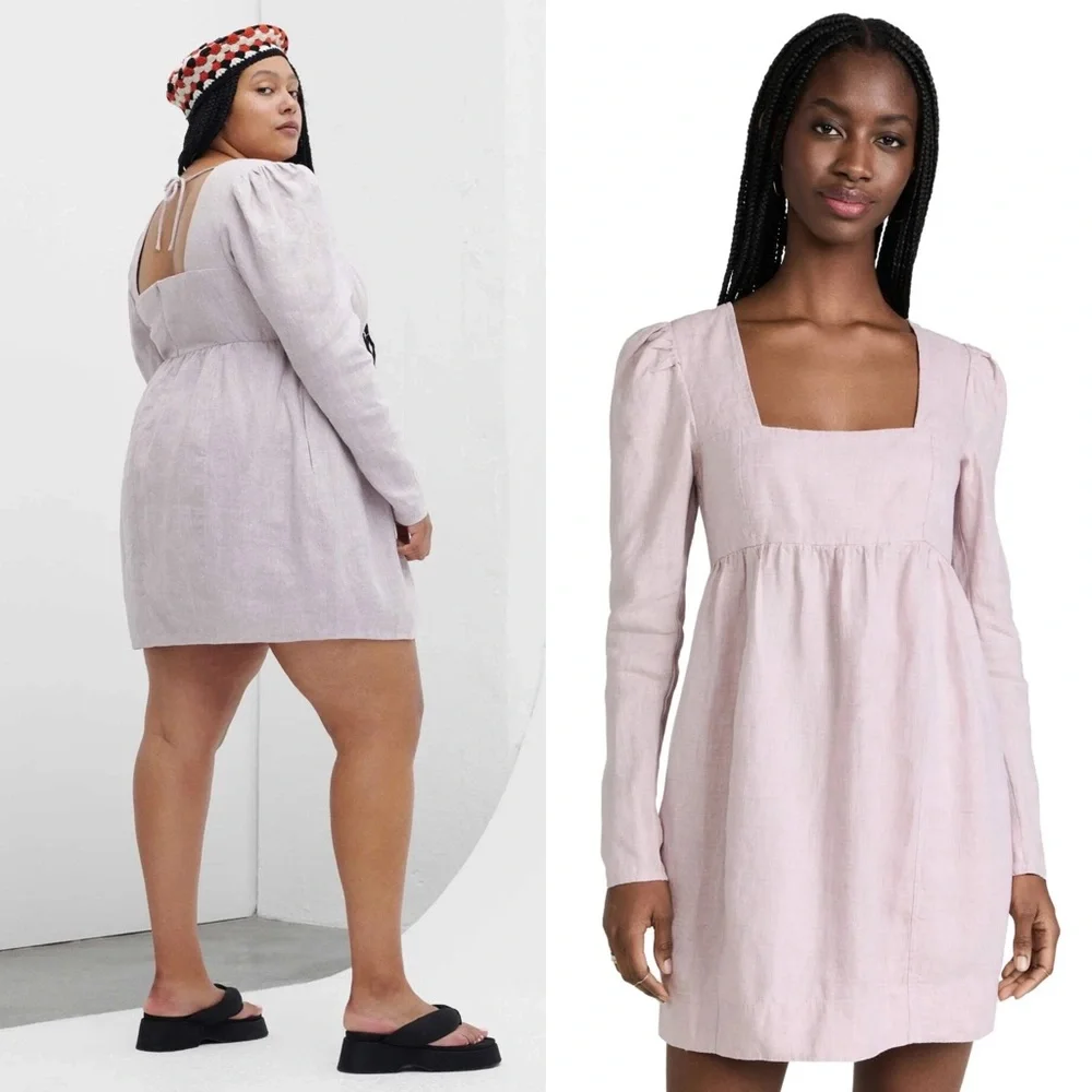 GANNI Lilac Hemp 90s Square Neck Long Sleeve Coquette Soft Girl Babydoll Dress L - Picture 2 of 14